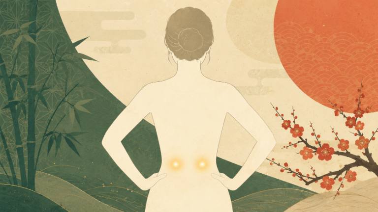 腰に手を当てる人物と腎兪のツボ位置を示す和風イラスト