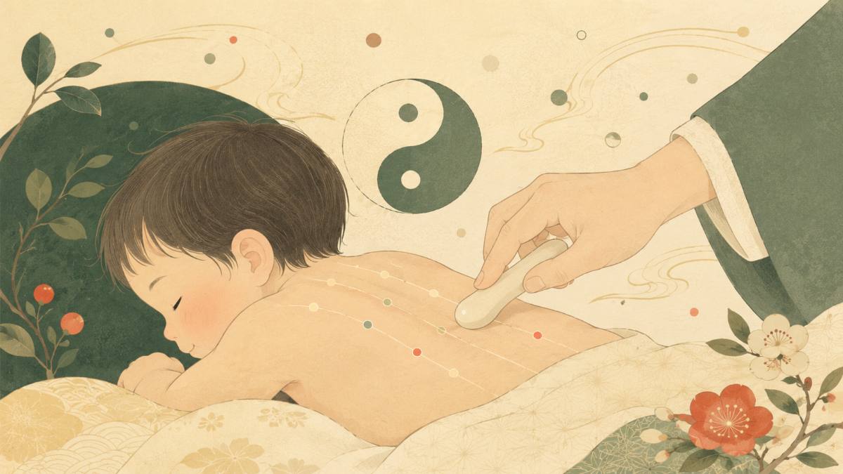 小児鍼で子どもの背中をやさしくなでる様子のイラスト